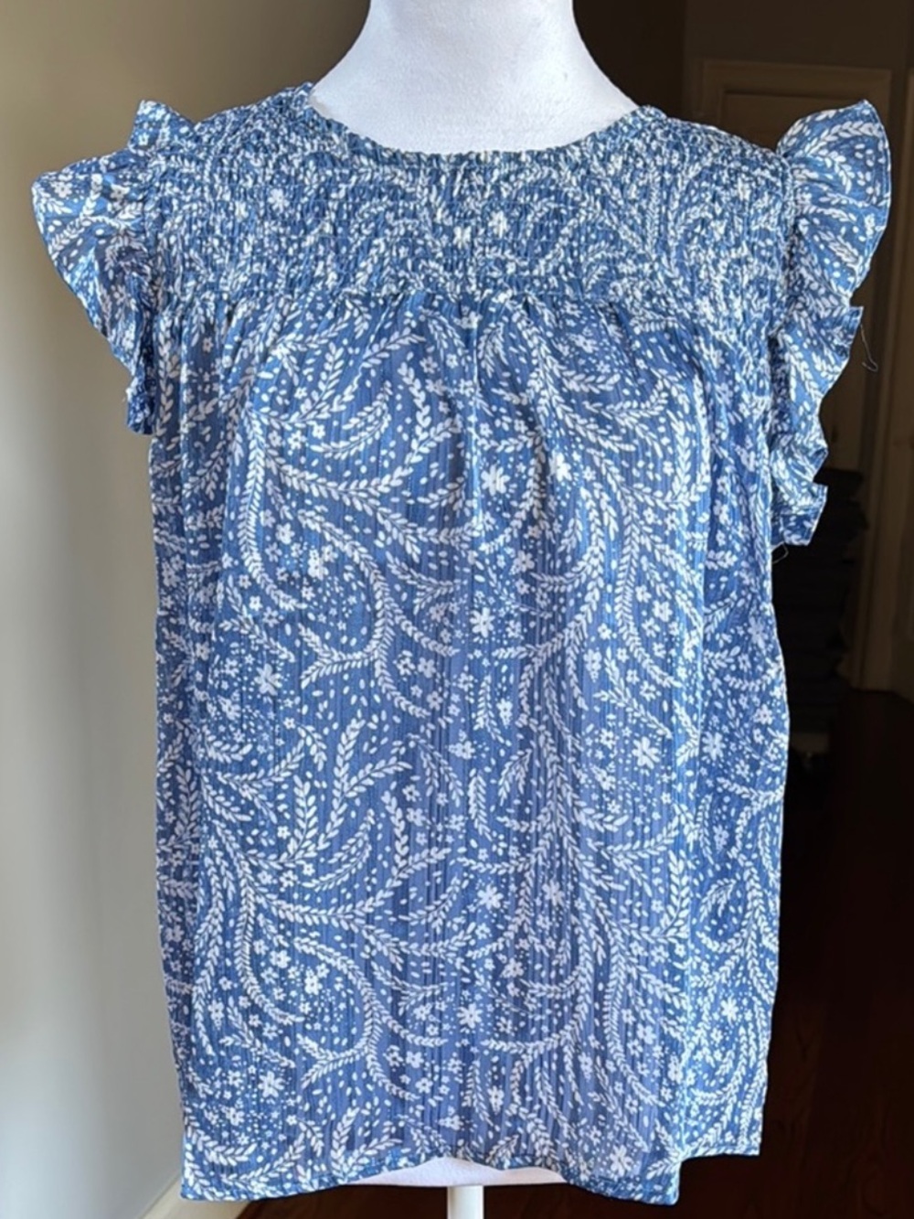 Umgee Blue Floral Smocked Ruffle Sleeve Blouse - Picture 7 of 7